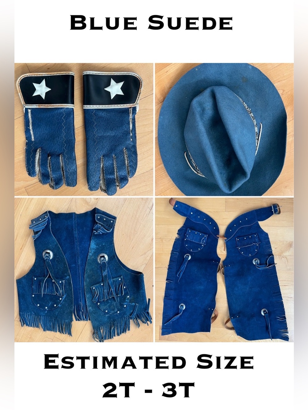 🤠2T-3T Vtg 70s Sears Blue Suede Kids Cowboy Costume Set Vest Chaps Ranchtone Hat